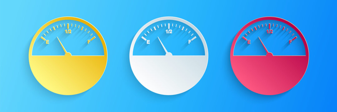 Paper Cut Fuel Gauge Icon Isolated On Blue Background. Full Tank. Paper Art Style. Vector.