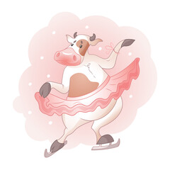 Vector cute cow posing on skates.  Illustration on white background.