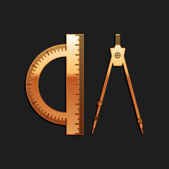Gold Protractor and drawing compass icon isolated on black background. Drawing professional instrument. Geometric equipment. Education sign. Long shadow style. Vector.