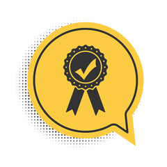 Black Approved or certified medal with ribbons and check mark icon isolated on white background. Yellow speech bubble symbol. Vector.