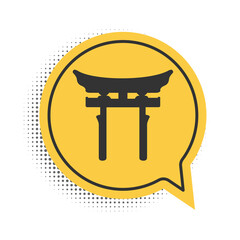 Black Japan Gate icon isolated on white background. Torii gate sign. Japanese traditional classic gate symbol. Yellow speech bubble symbol. Vector.