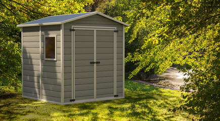 Gardening tools storage shed in the house backyard on green trees background. 3d illustration - obrazy, fototapety, plakaty
