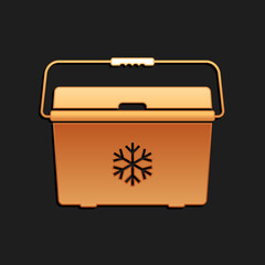 Gold Cooler bag icon isolated on black background. Portable freezer bag. Handheld refrigerator. Long shadow style. Vector.