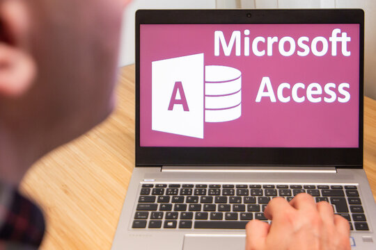 Access is used by a man on the laptop. Microsoft customer used computer software. New product is tested by IT specialist. San Francisco, February 2020.