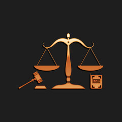 Gold Scales of justice, gavel and book icon isolated on black background. Symbol of law and justice. Concept law. Legal law and auction symbol. Long shadow style. Vector.