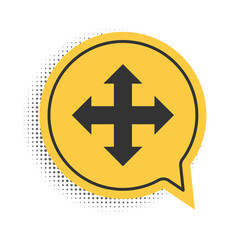 Black Arrows in four directions icon isolated on white background. Yellow speech bubble symbol. Vector.