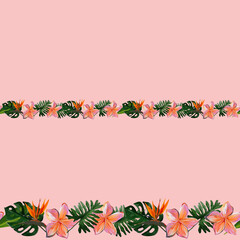 Seamless border of Tropical Hawaii leaves and flowers  isolated on pink for duct tape, adhesive tape, ribbons, fabric trim, footer, letterhead. Gouache hand drawn illustrati © Olena