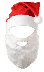Red hat and beard of Santa Claus on a white background. Isolated - 400824308