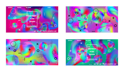 Trendy creative vector space gradient. A set of modern abstract covers. A bright smooth grid is blurred by a futuristic pattern in pink, blue, green, yellow, purple.