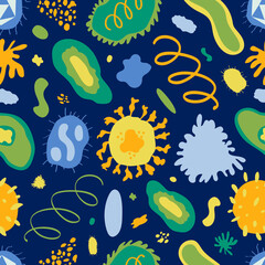 Bright vector seamless pattern with different viruses and bacteria on dark blue background. Laboratory, microbiology, science, study, clinical research, medicine