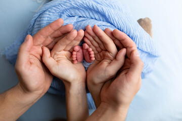 legs newborn in the hands of mom and dad. legs in hands on white background. child's feet in the hands of parents