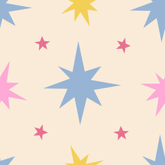 Fototapeta na wymiar Light and cute vector seamless pattern with colorful on pastel peachy background. Summer party, scandinavian, simple, geometrical star pattern