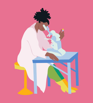 Vector illustration of female scientist working with a microscope on pink background.  Laboratory, microbiology, science, study, clinical research, medicine. Banner, card, poster
