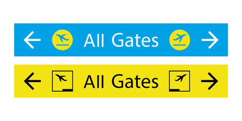Airport Signs. All gates text, departure aiplane and arrows. Boards isolated on white background. Elements template for web.