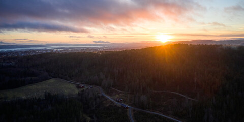 Drone shot of the nature around Bogstad, Oslo, Norway. 