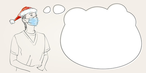 Christmas and Coronavirus people new normal template for information banner with thought bubble. Woman wearing medical face mask, santa hat looking excited, Hand drawn vector sketch