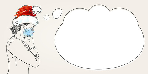 Christmas at Coronavirus. Sketch of woman in medical face mask, santa hat praying hands folded in worship, eyes closed. People new normal template information banner thought bubble, Hand drawn vector