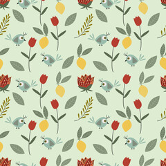 Cute bird,flower ilustration seamless pattern.Great for kid textile,fabric,wrapping paper,crapbooking.