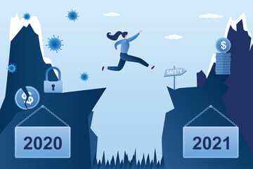 Businesswoman jumping from problems 2020 to new 2021. Jump over an obstacle. Year of coronavirus, lockdown and financial crisis.