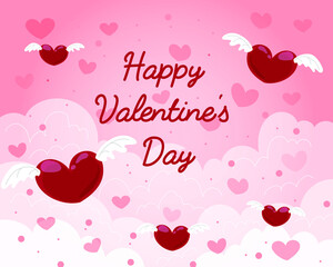 Background with hearts and clouds. Flying hearts. Valentine's Day
