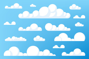 Set of blue sky, clouds. Cloud icon, cloud shape. Set of different clouds. Collection of cloud icon, shape, label, symbol. Graphic element vector. Vector design element for logo, web and print.