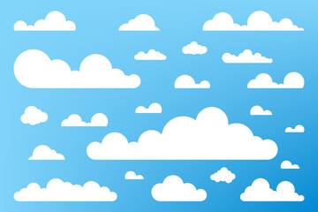 Set of blue sky, clouds. Cloud icon, cloud shape. Set of different clouds. Collection of cloud icon, shape, label, symbol. Graphic element vector. Vector design element for logo, web and print.