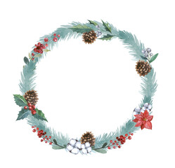 Fototapeta premium Watercolor Christmas wreath. A wreath of fir-tree branches, cones and wild berries. Winter wreath. Watercolor illustration for your design