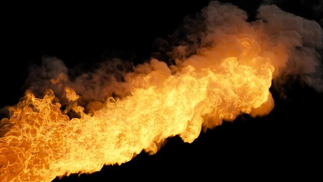 Powerful burning fuel with thick smoke. Realistic transition of fire explosion with alpha. Fire with smoke on an isolated background with alpha channel, fuel explosion.