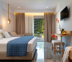 Side view of modern interior blue and white bedroom hotel apartment with open window to summer...