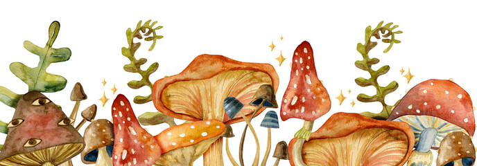 Border toadstool mushroom with red fly-agaric mushrooms.  Watercolor mushrooms.
