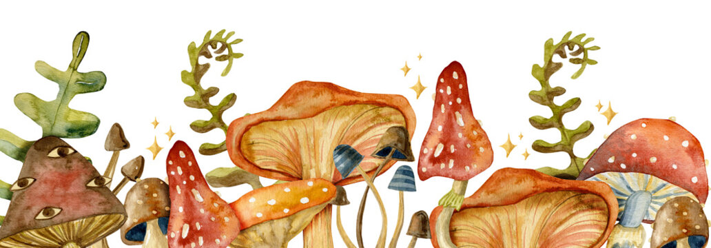 Border Toadstool Mushroom With Red Fly-agaric Mushrooms.  Watercolor Mushrooms.