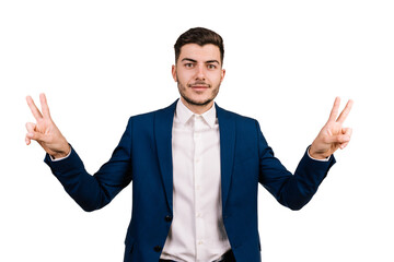 Businessman acting victory sign isolated on a white background