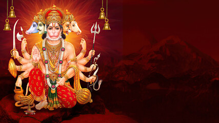 Hanuman, Indian god Hanuman ji wallpaper 3d Illustration with mountains God Bajrangbali poster design for wallpaper Mandir Temple panchmukhi hanuman