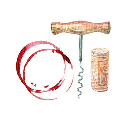 Corkscrew, cork and  red wine stamp.Picture of a alcoholic drink.Watercolor hand drawn illustration. - 400831144