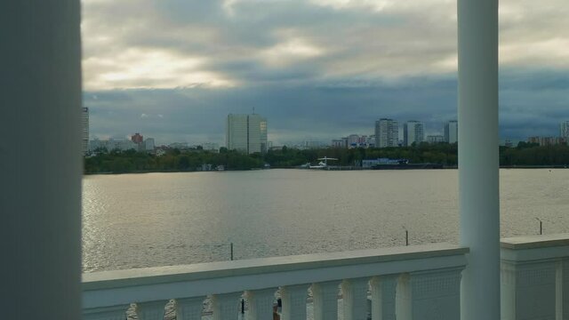 View of river and floatplane on it. Attracitve place to walk in Moscow near north river station.