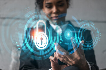 Businesswoman using phone, work in modern office on new project. Double exposure. Concept of success. Lock security hologram.