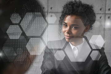 Two businesswomen work together in modern office on new project. Double exposure. Concept of success. Abstract drawing.