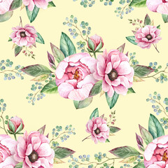 seamless pattern with delicate pink bouquets of flowers on a yellow background, illustration watercolor hand painted