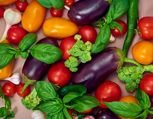 Flat lay composition with fresh vegetables.