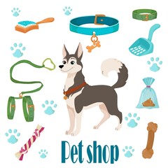 A large set of items for cats or dogs. toys for animals. Animal accessories Hand-drawn element from a set of doodles. Isolated illustration on a white background.