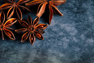 .Overhead shot with copy space. Star anise placed in a corner on dark bluish background