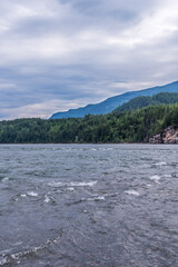 View at Mountain Lake with Blue Sky in British Columbia, Canada.