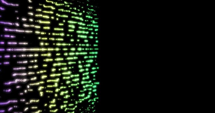 Abstract background concept for data network and analysis. Grid of glowing bright point and geometric pattern moving on dark background. Technology data visualization transfer. Connection and network