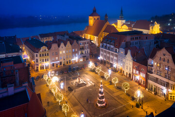 Beautiful christmas tree and decorations on the market squere of Grudziadz, Poland