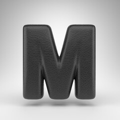 Letter M uppercase on white background. Black leather 3D letter with skin texture.
