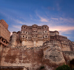 Fototapeta na wymiar Panoramic view of famous Indian Mehrangarh Fort in Jodhpur, Rajasthan, India. Built in 1459, the fort is situated 125 m above the city.