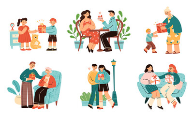 Colorful vector set of people giving holiday or anniversary gifts. Bundle of adorable scenes in modern cartoon style. Elements are isolated.