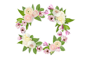 Wreath made of beautiful flowers on white background