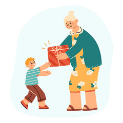 Cute scene of a little boy receiving a holiday gift from his Grandma. Adorable vector illustration in modern cartoon style. Elements are isolated.