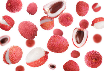 Set of falling delicious lychees on white background